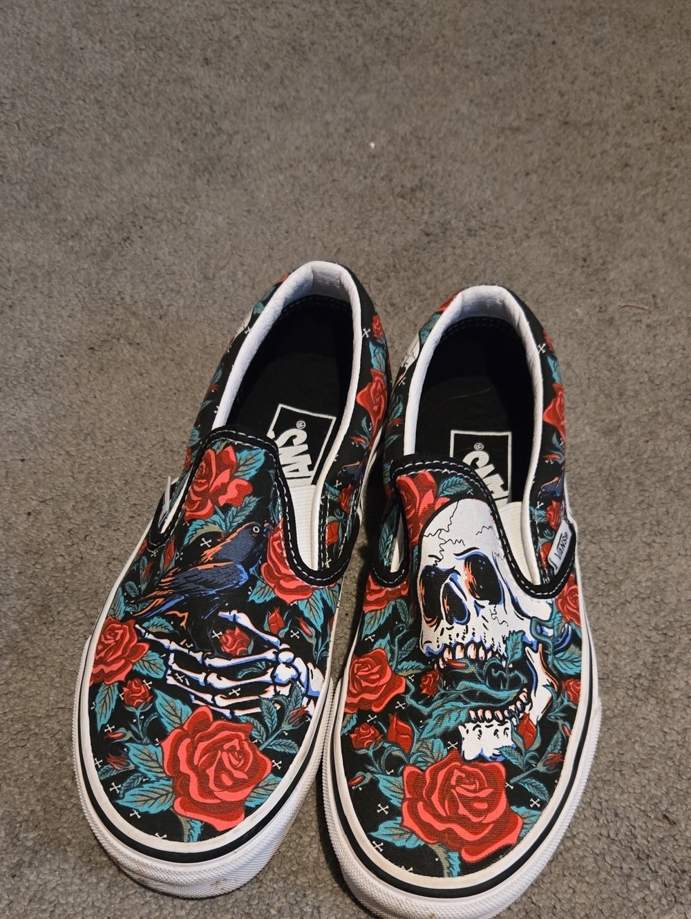 Vans Slip-On Sneakers with Skull, Red Roses & Teal Foliage